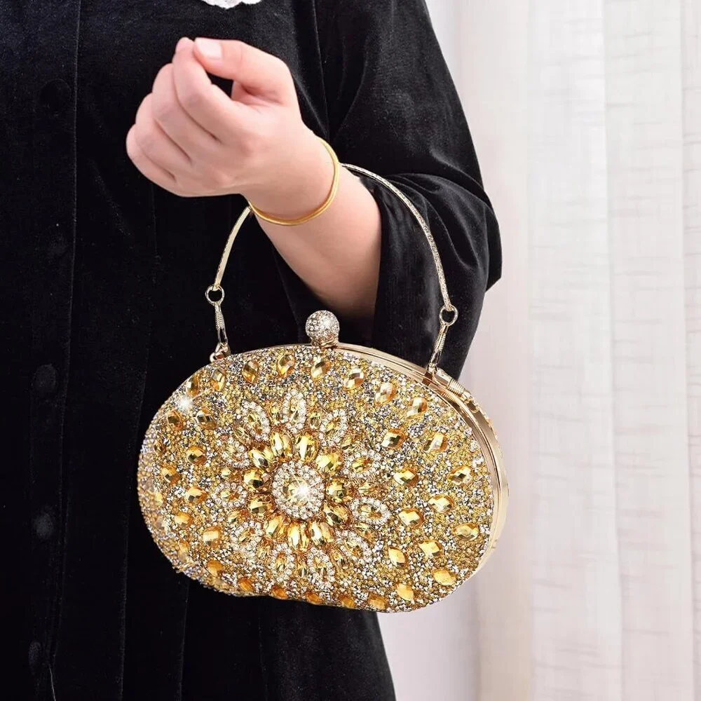 Rhinestone Evening Clutch Bag Gold Sparkling Glitter Wrist Prom Party